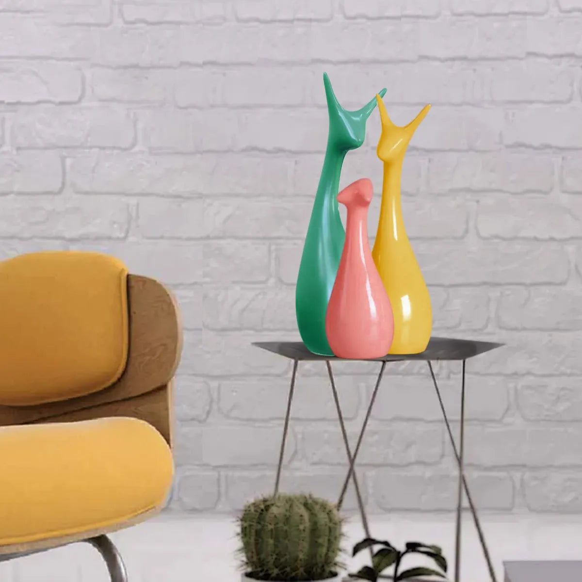 Ceramic Deer Family Showpiece Set - Green, Yellow & Pink Decorative Figurines for Home Decor
