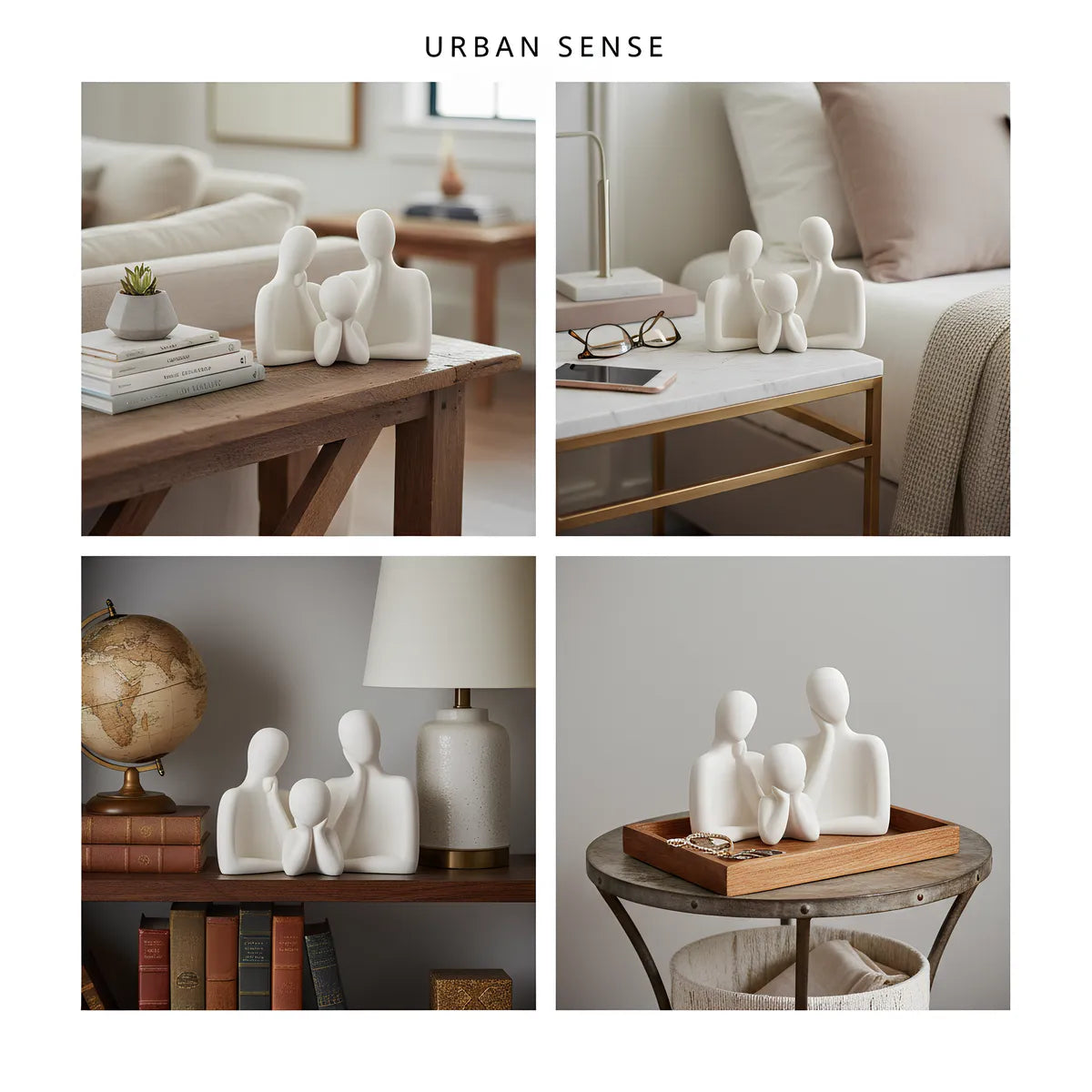 Couple Family Statue Set of 3 Ceramic - Modern Minimalist Showpieces for Home & Office Decor - White