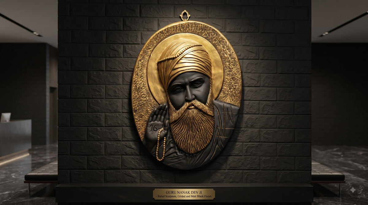 Divine Aura: 3D Black & Gold Guru Nanak Wall Sculpture