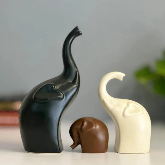Ceramic Elephant Family Figurine Set - Multicolor Matte Finish Decorative Showpieces for Home Decor