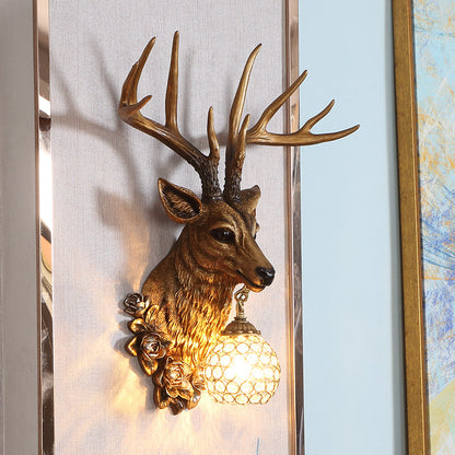 Gold Resin Deer Wall Sconce with Crystal Ball Shade Wall Light