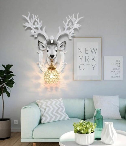 SOLODECOR Deer Head Crystal Ball Wall Sconce – White Resin Antler Light