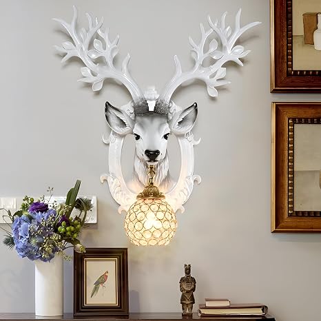 SOLODECOR Deer Head Crystal Ball Wall Sconce – White Resin Antler Light