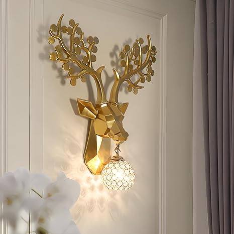 Solo Decor Resin Deer Head Wall Sconce | Golden Crystal Ball Light Fixture