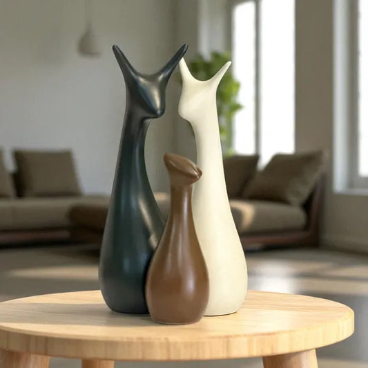 Ceramic Deer Family Showpiece Set - Matte Black, Brown & White Decorative Figurines for Home Decor
