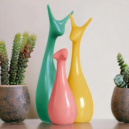 Ceramic Deer Family Showpiece Set - Green, Yellow & Pink Decorative Figurines for Home Decor
