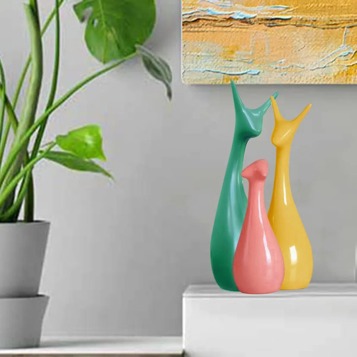 Ceramic Deer Family Showpiece Set - Green, Yellow & Pink Decorative Figurines for Home Decor