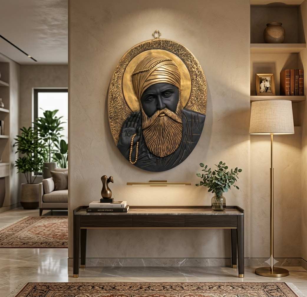 Divine Aura: 3D Black & Gold Guru Nanak Wall Sculpture