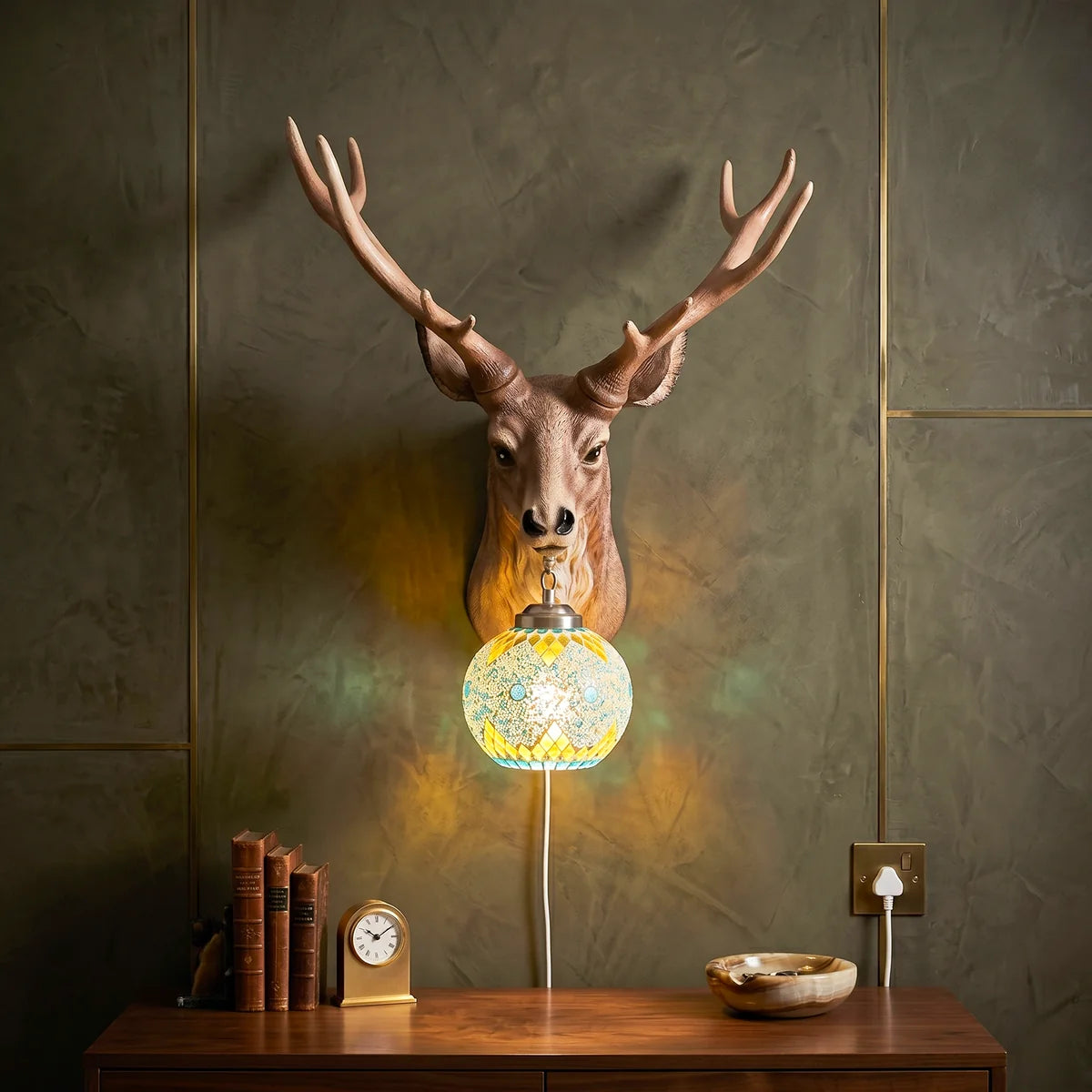 Vintage Heritage Deer Head Stained Glass Wall Light