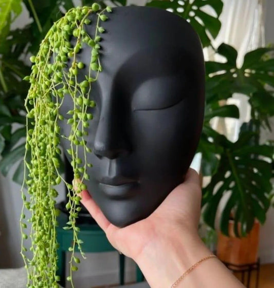 Vanya - Black Ceramic Lady Face Wall Hanging Planter Vase - Decorative Home & Balcony Flower Pot