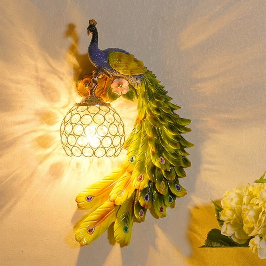 Peacock Wall Sconce - Resin Decorative Wall Lamp with Crystal Accents - European Retro Style Wall Light for Home Decor - Multicolour - Bulb Not Included
